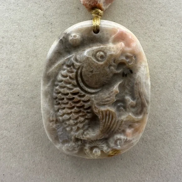 Handcrafted Coral Fossil Jade Fish Carving Pendant Necklace on Adjustable Rope - Picture 8 of 13